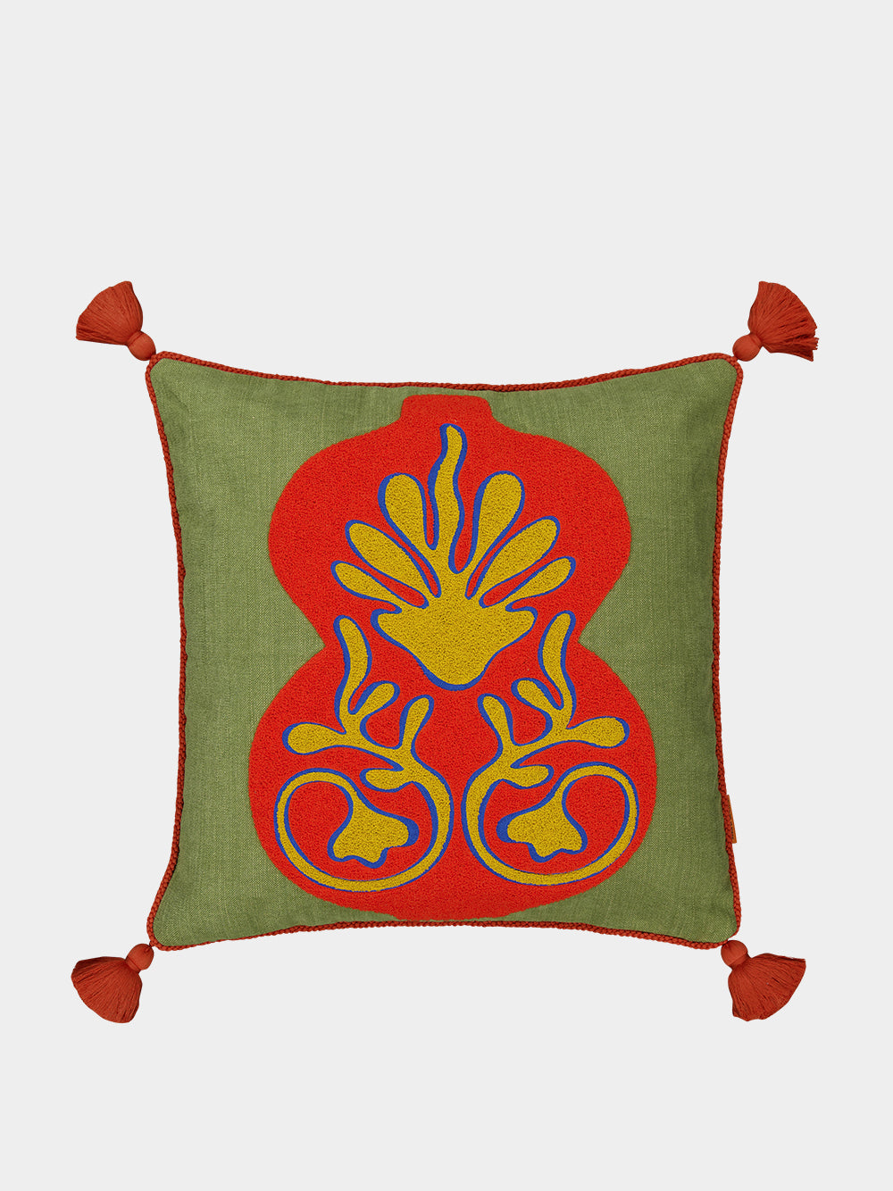 Teles Green Cotton Linen and Chenille Embroidered Cushion