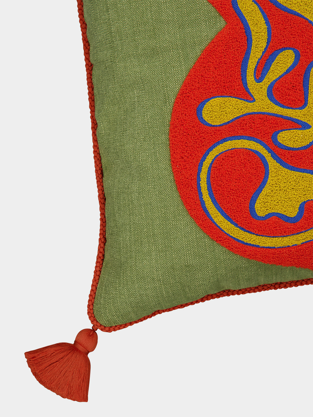 Teles Green Cotton Linen and Chenille Embroidered Cushion