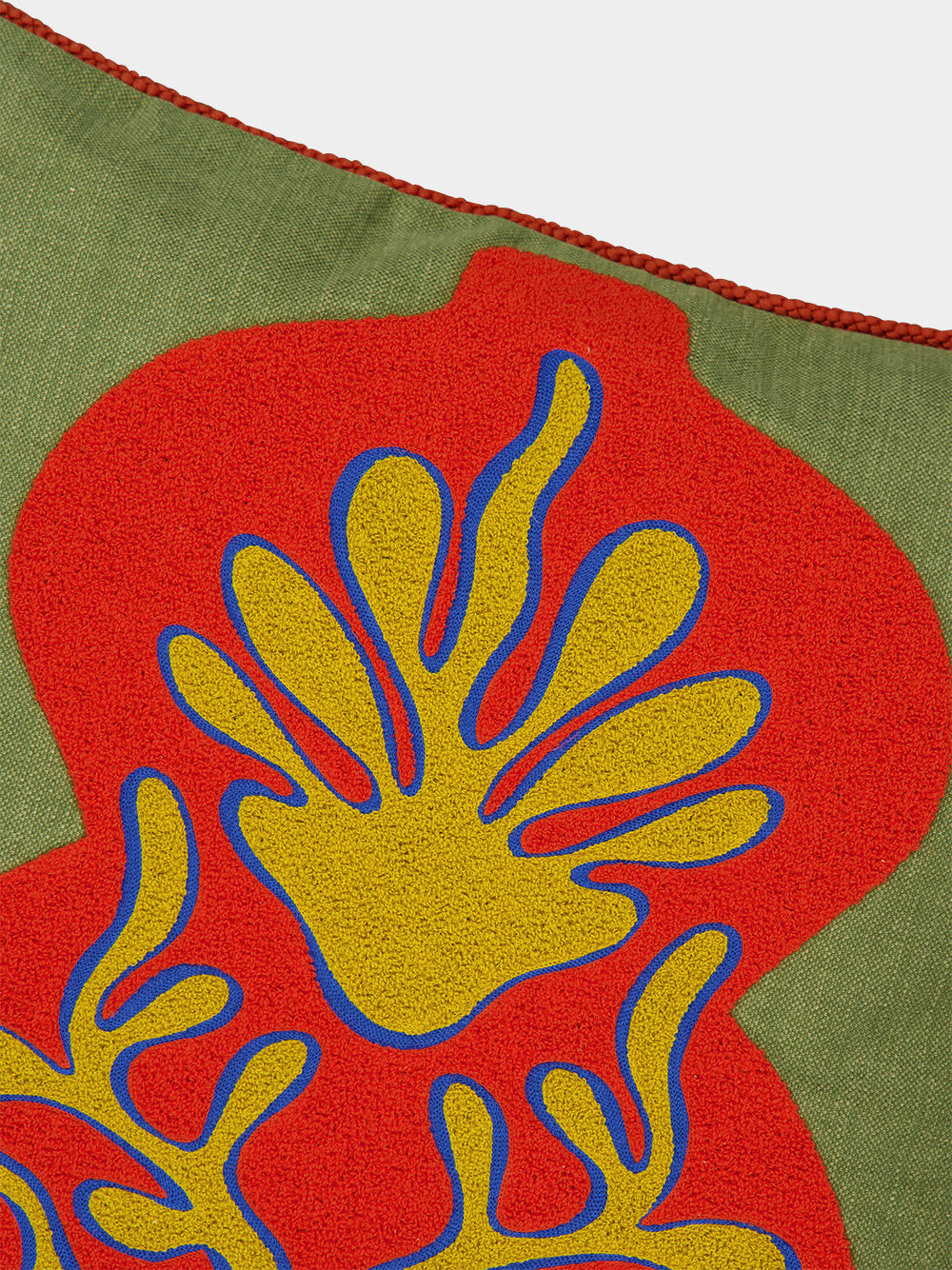 Teles Green Cotton Linen and Chenille Embroidered Cushion