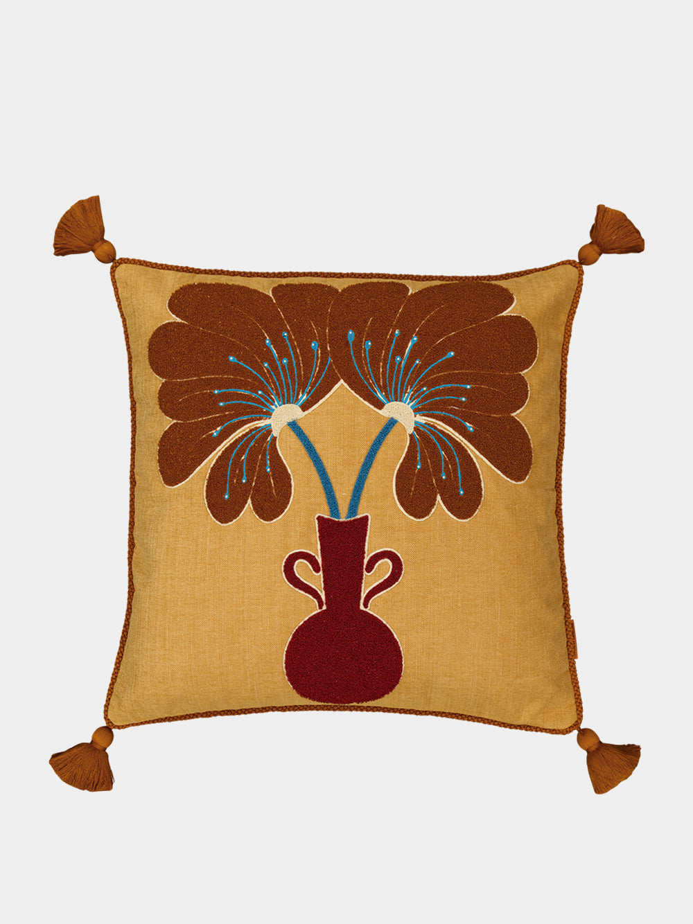 Teles Mustard Cotton Linen and Chenille Embroidered Cushion