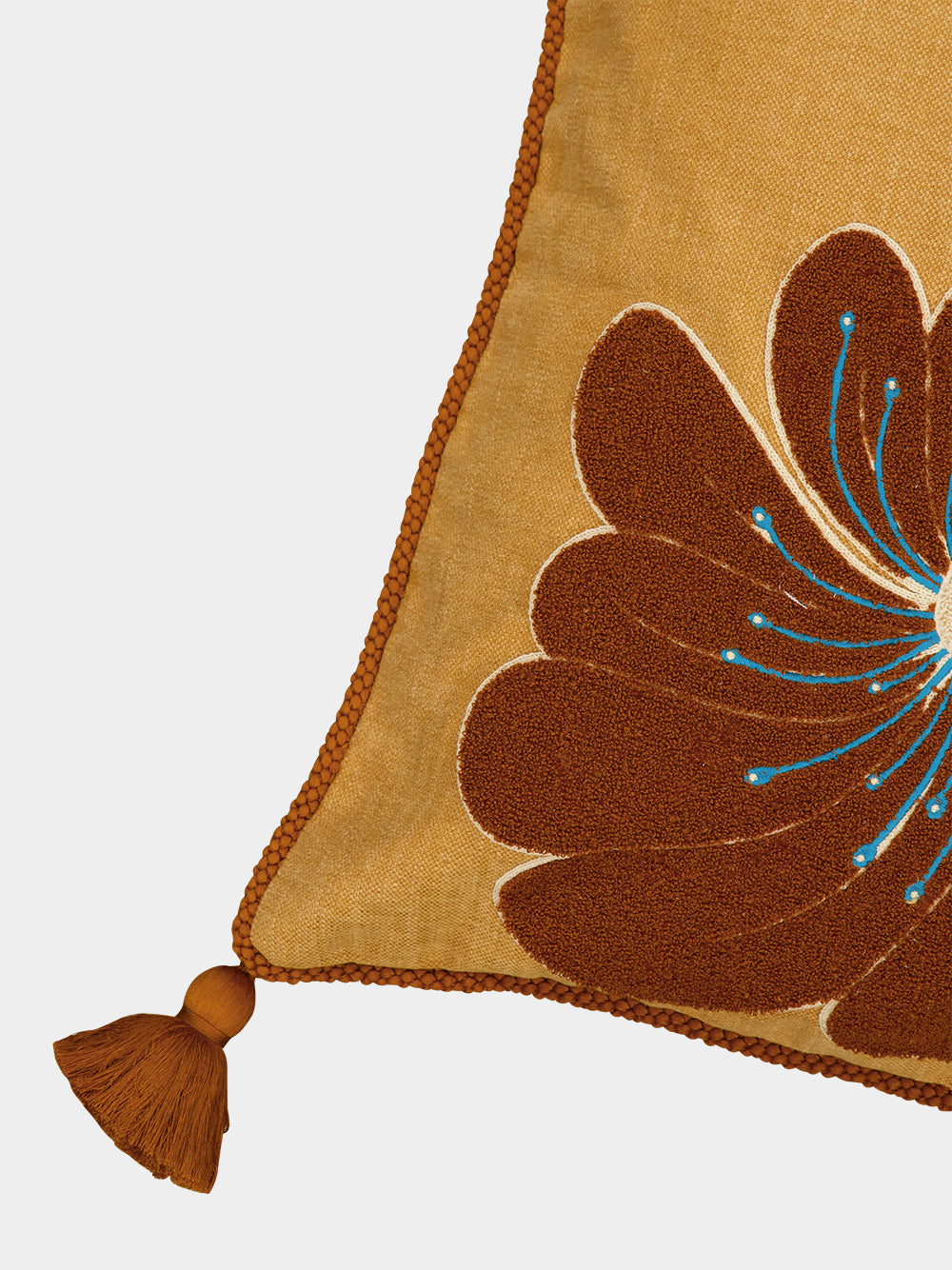 Teles Mustard Cotton Linen and Chenille Embroidered Cushion