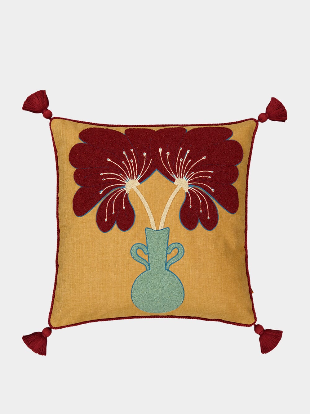 Teles Mustard Cotton Linen and Chenille Embroidered Cushion