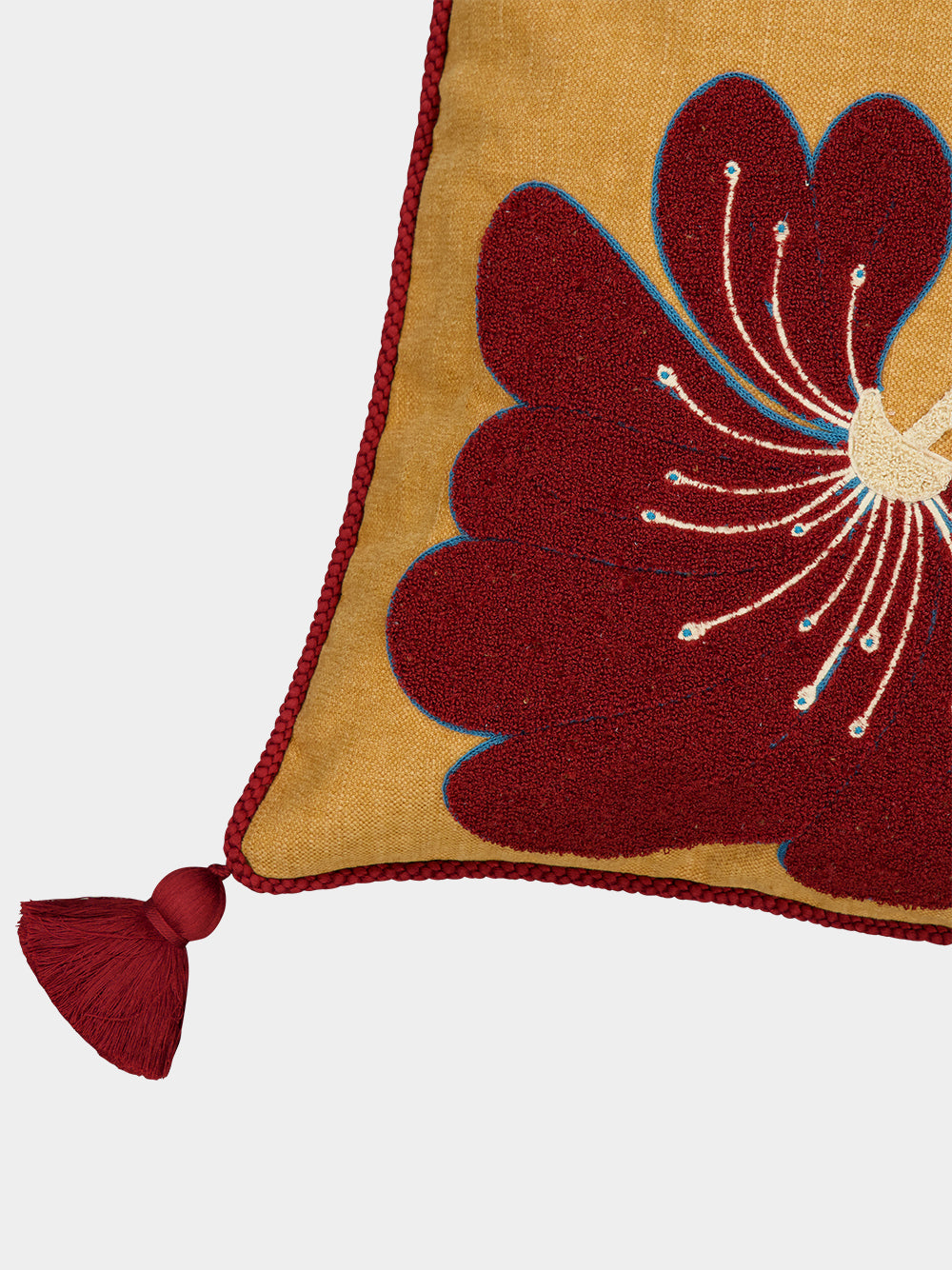 Teles Mustard Cotton Linen and Chenille Embroidered Cushion