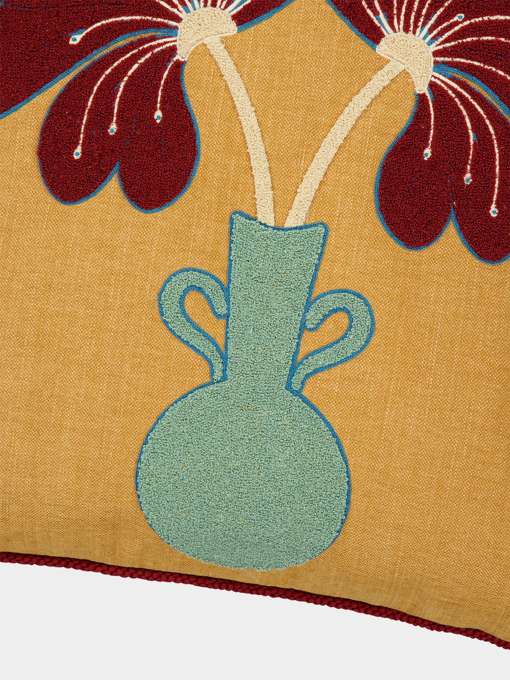 Teles Mustard Cotton Linen and Chenille Embroidered Cushion