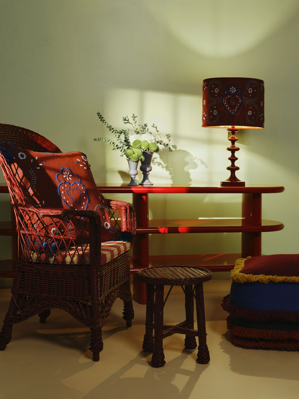 Hand-Embroidered Viana Bordeaux Linen with Blue Embroidery Cushion