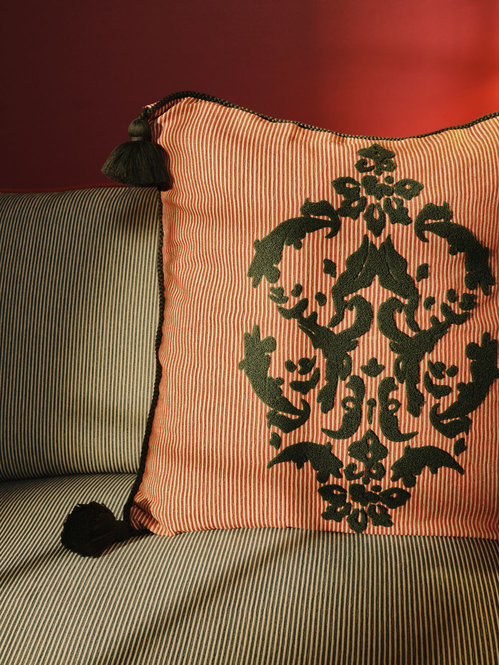 Bourbon Brick Stripped Cotton and Chenille Embroidered Cushion