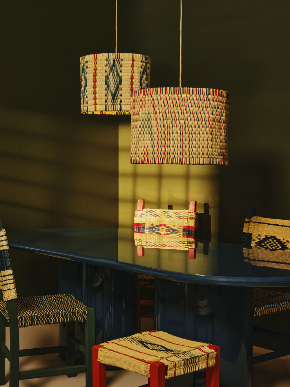 Handmade Coruche Natural, Red and Blue Reed Ceiling Lamp