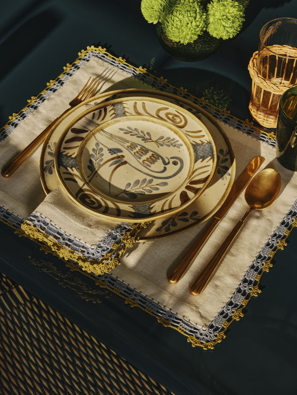 Hand-Embroidered Leonor White Linen With Blue and Green Crochet Placemat