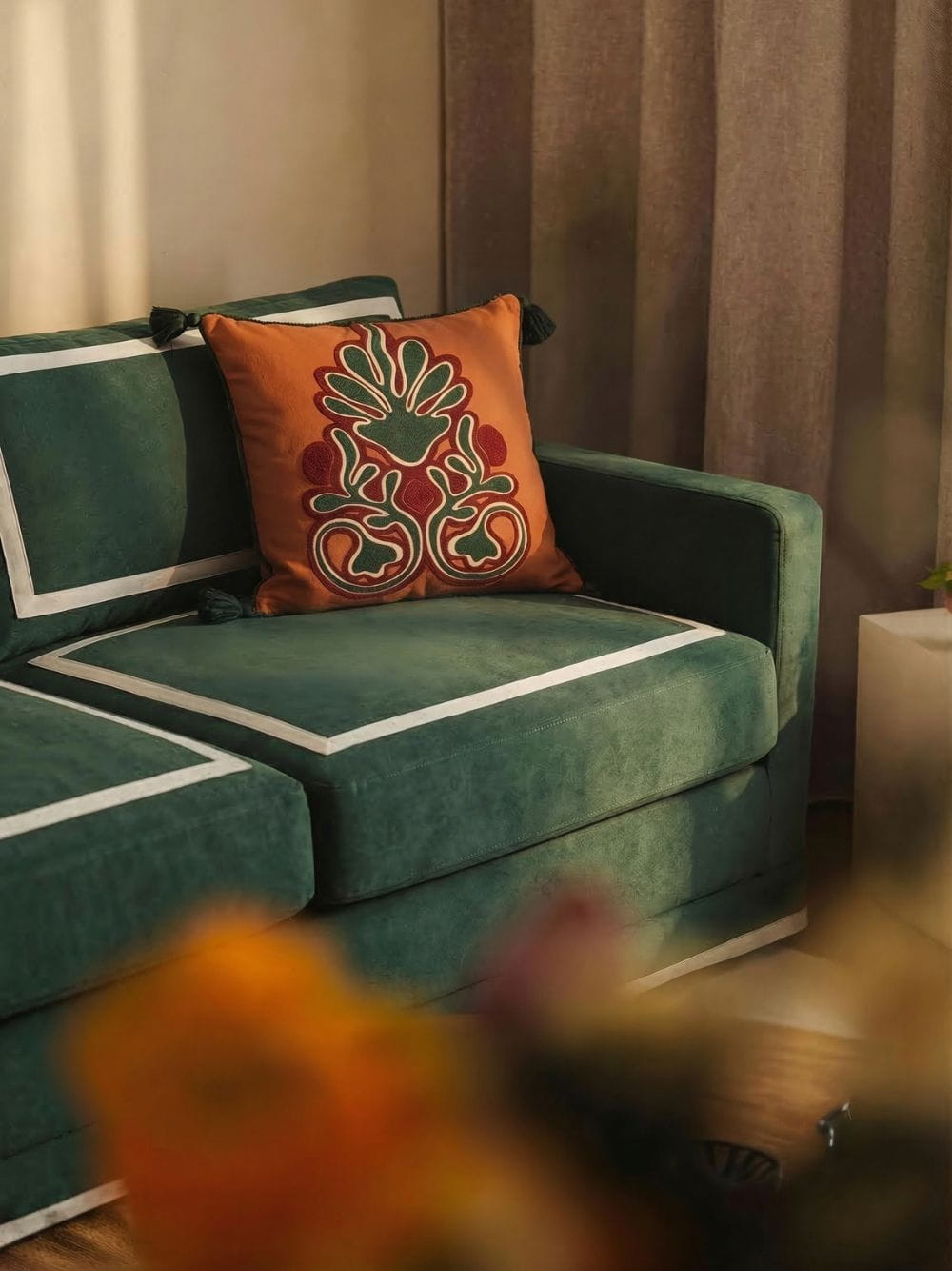 Luis Green Linen Three-Seater Sofa